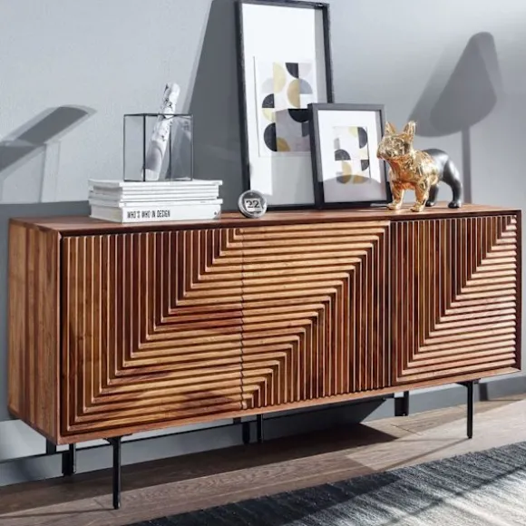 Rootz skænk 148x72x40 cm massivt sheesham træ - metal skænk - kommode med tre låger - Kommode skab træ moderne - Stå skab stue