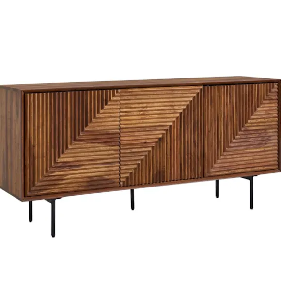 Rootz skænk 148x72x40 cm massivt sheesham træ - metal skænk - kommode med tre låger - Kommode skab træ moderne - Stå skab stue