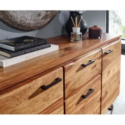 Rootz skænk 145x82x45 cm massivt sheesham træ - metal med aftagende - kommode - Skænk skuffeskab moderne