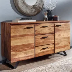 Rootz skænk 145x82x45 cm massivt sheesham træ - metal med aftagende - kommode - Skænk skuffeskab moderne