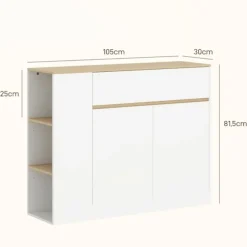 Rootz skænkeskab - Stor opbevaringsarrangør - Konsoltabel - Rigelig opbevaring - 105 x 30 x 81,5 cm - Moderne hvid - Brun finish