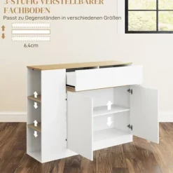 Rootz skænkeskab - Stor opbevaringsarrangør - Konsoltabel - Rigelig opbevaring - 105 x 30 x 81,5 cm - Moderne hvid - Brun finish