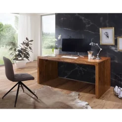 Rootz skrivebord massivt træ Sheesham computerbord 180 cm bredt ægte træ design arkiveringskontorbord i landlig stil