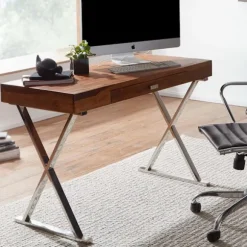 Rootz skrivebord 120x55x78 cm massivt sheesham træ - metal krom - Design kontorbord med skuffe - HomeOffice laptop bord computer bord med opbevaringsp | Fyndiq