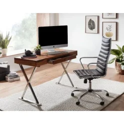 Rootz skrivebord 120x55x78 cm massivt sheesham træ - metal krom - Design kontorbord med skuffe - HomeOffice laptop bord computer bord med opbevaringsp | Fyndiq
