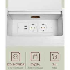 Rootz Snehvide spånpladestålsidebord - Endebord - Natbord - Power Strip - Letvægts - Robust - Nem montering - 25 cm x 120 cm x 81,1 cm