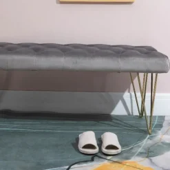 Rootz Sofa - Spisestue Sofa - Polstret Sofa - Fløjl - Metal - Grå - Guld - 116 x 44,5 x 49 cm