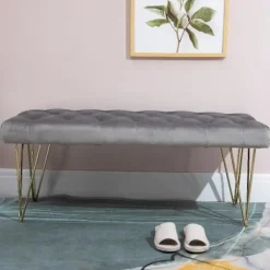 Rootz Sofa - Spisestue Sofa - Polstret Sofa - Fløjl - Metal - Grå - Guld - 116 x 44,5 x 49 cm