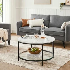 Rootz Sofabord - Hvidt marmorlook - Sort stel - Spånplade - Stål - Hærdet glas - 80cm x 44,5cm - Maks. 20 kg statisk belastning