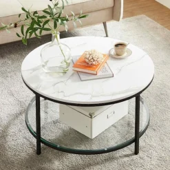 Rootz Sofabord - Hvidt marmorlook - Sort stel - Spånplade - Stål - Hærdet glas - 80cm x 44,5cm - Maks. 20 kg statisk belastning