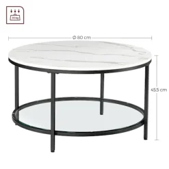 Rootz Sofabord - Hvidt marmorlook - Sort stel - Spånplade - Stål - Hærdet glas - 80cm x 44,5cm - Maks. 20 kg statisk belastning