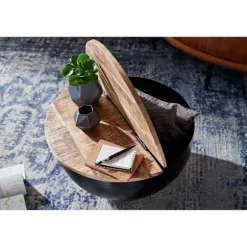 Rootz Sofabord - Opbevaringsplads - Sofabord - Sidebord - Rundt - Sort - Brun - Mangotræ - Metal - 60 x 60 x 34 cm
