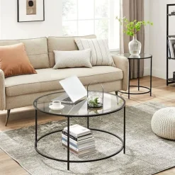 Rootz Sofabord - Rundt Sofabord - Cirkulært Sofabord - Glasplade Sofabord - Industrielt Sofabord - Designer Sofabord - Stål - Hærdet glas - Sort - 84 | Fyndiq