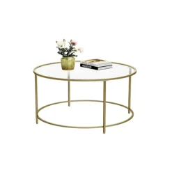 Rootz sofabord - Rundt sofabord med glasoverflade - Rundt sidebord - Sidebord af metalben - Stilfuldt rundt sidebord - Hærdet glas - Guld - 84 x 84 x | Fyndiq