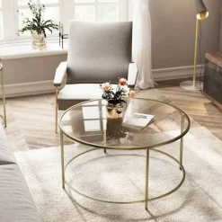 Rootz sofabord - Rundt sofabord med glasoverflade - Rundt sidebord - Sidebord af metalben - Stilfuldt rundt sidebord - Hærdet glas - Guld - 84 x 84 x | Fyndiq