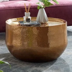 Rootz sofabord aluminium guld 60x60x35 cm stuebord hamret - Designer sofabord rundt aluminium orientalsk - Rundt metal sofabord lille