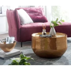Rootz sofabord aluminium guld 60x60x35 cm stuebord hamret - Designer sofabord rundt aluminium orientalsk - Rundt metal sofabord lille