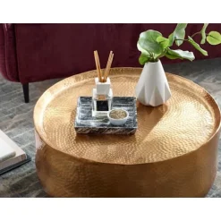 Rootz sofabord aluminium guld 60x60x35 cm stuebord hamret - Designer sofabord rundt aluminium orientalsk - Rundt metal sofabord lille