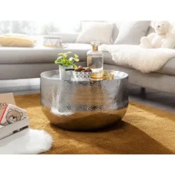 Rootz sofabord aluminium sølv 60x60x35 cm stuebord hamret - Designer sofabord rundt aluminium orientalsk - Rundt metal sofabord lille