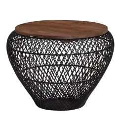 Rootz sofabord mango massivt træ metal 60x60x45 cm sort rundt med opbevaringsplads - Design stuebord fletbord moderne - Endebord sofa bord trådkurv st | Fyndiq