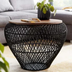 Rootz sofabord mango massivt træ metal 60x60x45 cm sort rundt med opbevaringsplads - Design stuebord fletbord moderne - Endebord sofa bord trådkurv st | Fyndiq