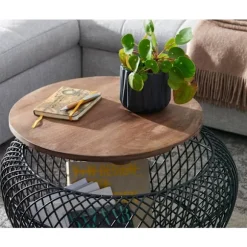 Rootz sofabord mango massivt træ metal 60x60x45 cm sort rundt med opbevaringsplads - Design stuebord fletbord moderne - Endebord sofa bord trådkurv st | Fyndiq