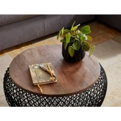 Rootz sofabord mango massivt træ metal 60x60x45 cm sort rundt med opbevaringsplads - Design stuebord fletbord moderne - Endebord sofa bord trådkurv st | Fyndiq
