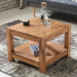 Rootz sofabord massivt træ akacie 60 x 60 cm stuebord design mørkebrunt sidebord i landlig stil