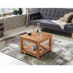 Rootz sofabord massivt træ akacie 60 x 60 cm stuebord design mørkebrunt sidebord i landlig stil