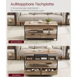 Rootz Sofabord med skuffer - Opbevaringsrum - Justerbar højde - Rumbesparende - Træspanel og stål - 50 x 100 x 48-63 cm