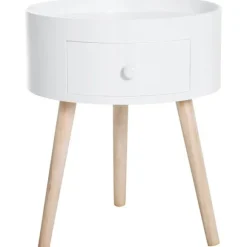 Rootz Sofabord Med Skuffe - Sidebord - Rundt - Scandi Design - Beskyttelseskant - Træ - Hvid - Ø38 x H45 cm