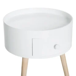 Rootz Sofabord Med Skuffe - Sidebord - Rundt - Scandi Design - Beskyttelseskant - Træ - Hvid - Ø38 x H45 cm
