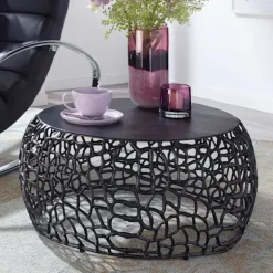 Rootz sofabord metal sort 66x66x30 cm sofabord aluminium rundt - Design stuebord med grenstruktur - Lille sofabord Moderne - Sidebord sidebord stue