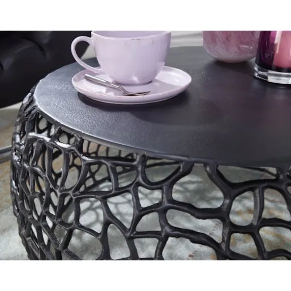 Rootz sofabord metal sort 66x66x30 cm sofabord aluminium rundt - Design stuebord med grenstruktur - Lille sofabord Moderne - Sidebord sidebord stue