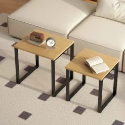 Rootz Sofabord Sæt med 2 – Stueborde – Indlejringsborde – Metalstel – Pladsbesparende design – 60x50x60cm & 50x50x54cm