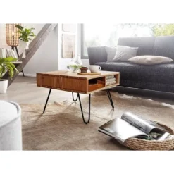 Rootz sofabord 60x40x60 cm akacie massivt træ - metal design sofabord kantet - Træbord med opbevaringsplads - Sofabord træ firkantet brun
