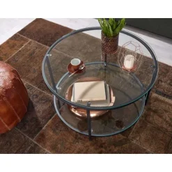 Rootz sofabord 80x80x45 cm glas - metal stuebord rundt moderne - Sofabord med opbevaringsplads - Loungebord med opbevaringsrum - Sofabord sidebord