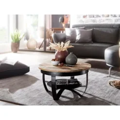 Rootz sofabord 60x34x60 cm Mango massivt træ - metal Industriel sort rund - Sofabord Stuebord massivt - Lille bord sofabord stue