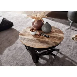 Rootz sofabord 60x34x60 cm Mango massivt træ - metal Industriel sort rund - Sofabord Stuebord massivt - Lille bord sofabord stue