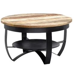 Rootz sofabord 60x34x60 cm Mango massivt træ - metal Industriel sort rund - Sofabord Stuebord massivt - Lille bord sofabord stue
