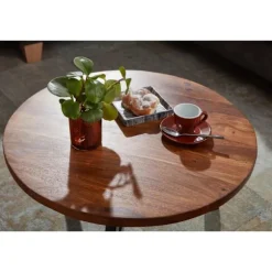 Rootz sofabord 60x60x35 cm massivt sheesham træ - metal sofabord rundt - Design stuebord sofabord massivt - Lille bord sidebord stue moderne