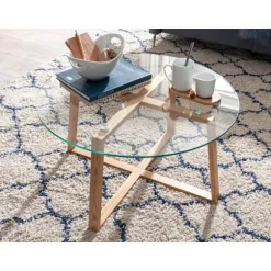 Rootz sofabord 78x78x41 cm massivt egetræ sofabord - rundt glas - Design stuebord moderne - Træbord, værelsesbord, stort - Sofabord bord stue ægte træ | Fyndiq
