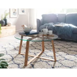 Rootz sofabord 78x78x41 cm massivt egetræ sofabord - rundt glas - Design stuebord moderne - Træbord, værelsesbord, stort - Sofabord bord stue ægte træ | Fyndiq