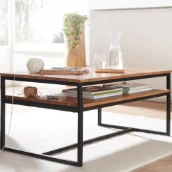 Rootz sofabord 100x60x45 cm massivt træ metal sofabord stuebord akacie - Industrielt værelsesbord med opbevaringsplads - Træbord, sofabord, massivt