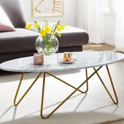Rootz sofabord 120x40x60 cm med hvid marmorlook - Stuebord med metalstel - Sofabord ovalt bord stue - Loungebord