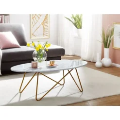 Rootz sofabord 120x40x60 cm med hvid marmorlook - Stuebord med metalstel - Sofabord ovalt bord stue - Loungebord