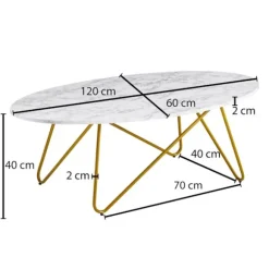 Rootz sofabord 120x40x60 cm med hvid marmorlook - Stuebord med metalstel - Sofabord ovalt bord stue - Loungebord