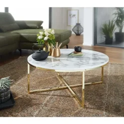 Rootz sofabord 80x36x80 cm med hvid marmorlook - Stuebord med metalstel - Sofabord rundt bord stue - Sidebord