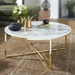 Rootz sofabord 80x36x80 cm med hvid marmorlook - Stuebord med metalstel - Sofabord rundt bord stue - Sidebord