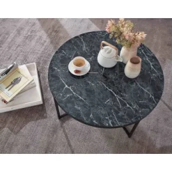 Rootz sofabord 80x36x80 cm med sort marmorlook - Stuebord med metalstel - Sofabord rundt bord stue - Sidebord